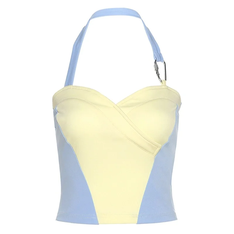 

2021 Summer Trendy Sleeveless Halter Crop Tank Tops Tees Women Sexy Color Block Slim Fit Camisole with Metal Clip Shirt Jumper