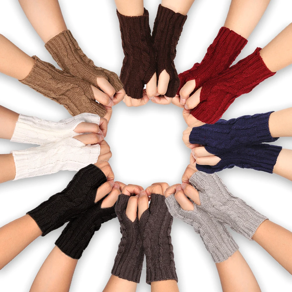 

Fashion Women Solid Color Half Finger Thumb Hole Gloves Knitted Winter Wrist Arm Hand Warmer 8 Colors Faux Mittens