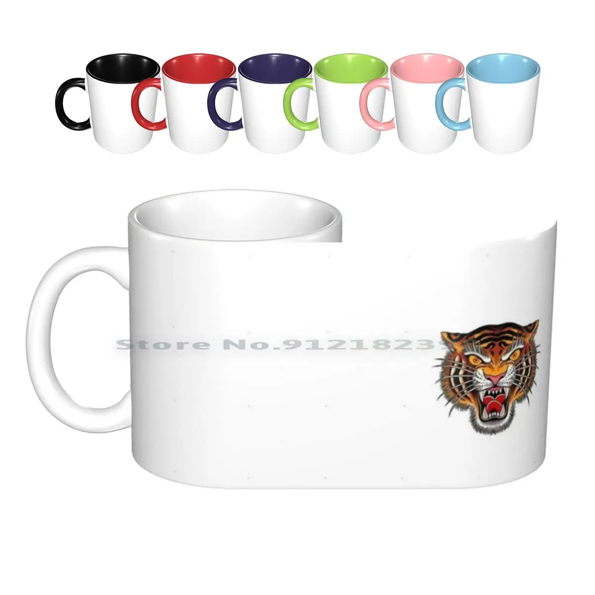 

Womens Tiger Face Traditional Tattoo Art Illustration V-Neck Ceramic Mugs Coffee Cups Milk Tea Mug Womens Tiger Face