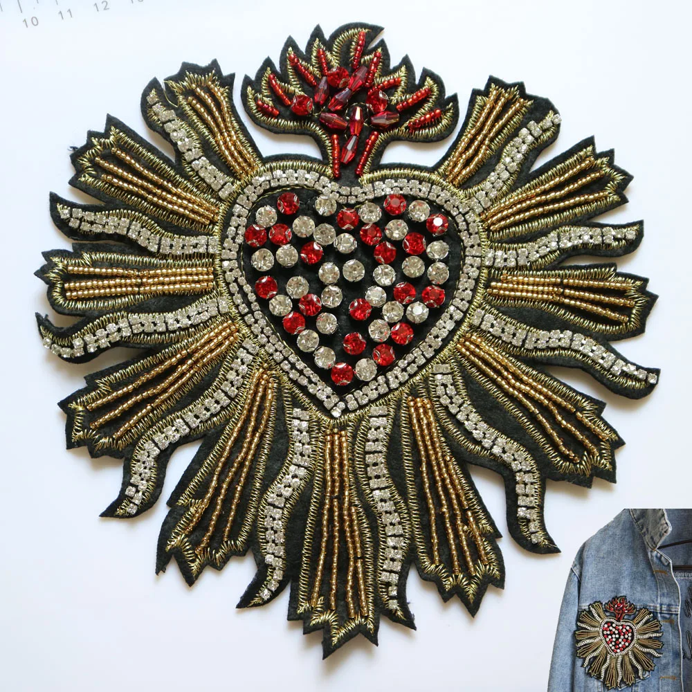 

Large Luxury heart beaded patches for clothing Sew on patch decorative parches bordados para ropa Embroidery applique clothing