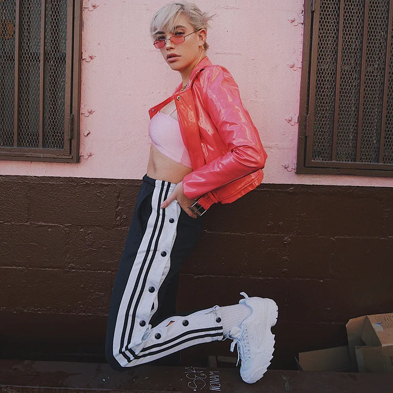 Lucyever/черные брюки в полоску женские свободные для бега с боковыми пуговицами