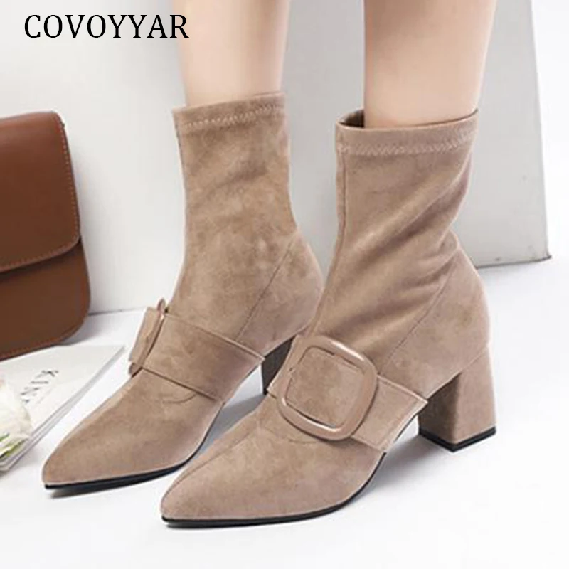 Женские винтажные сапоги до середины икры на толстом высоком каблуке с острым