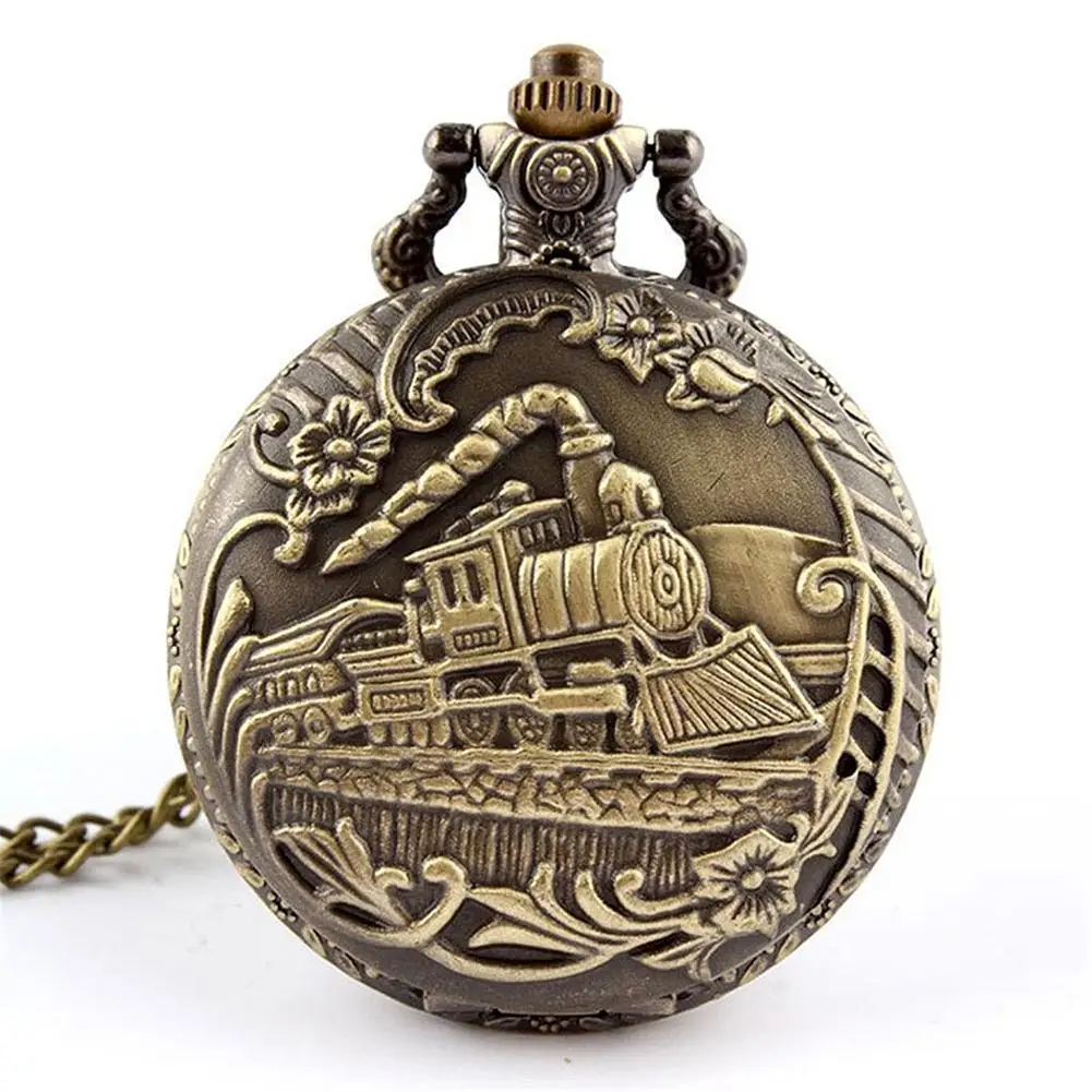 

Unisex Antique Case Vintage Brass Rib Chain Train Pattern Quartz Pocket Watch