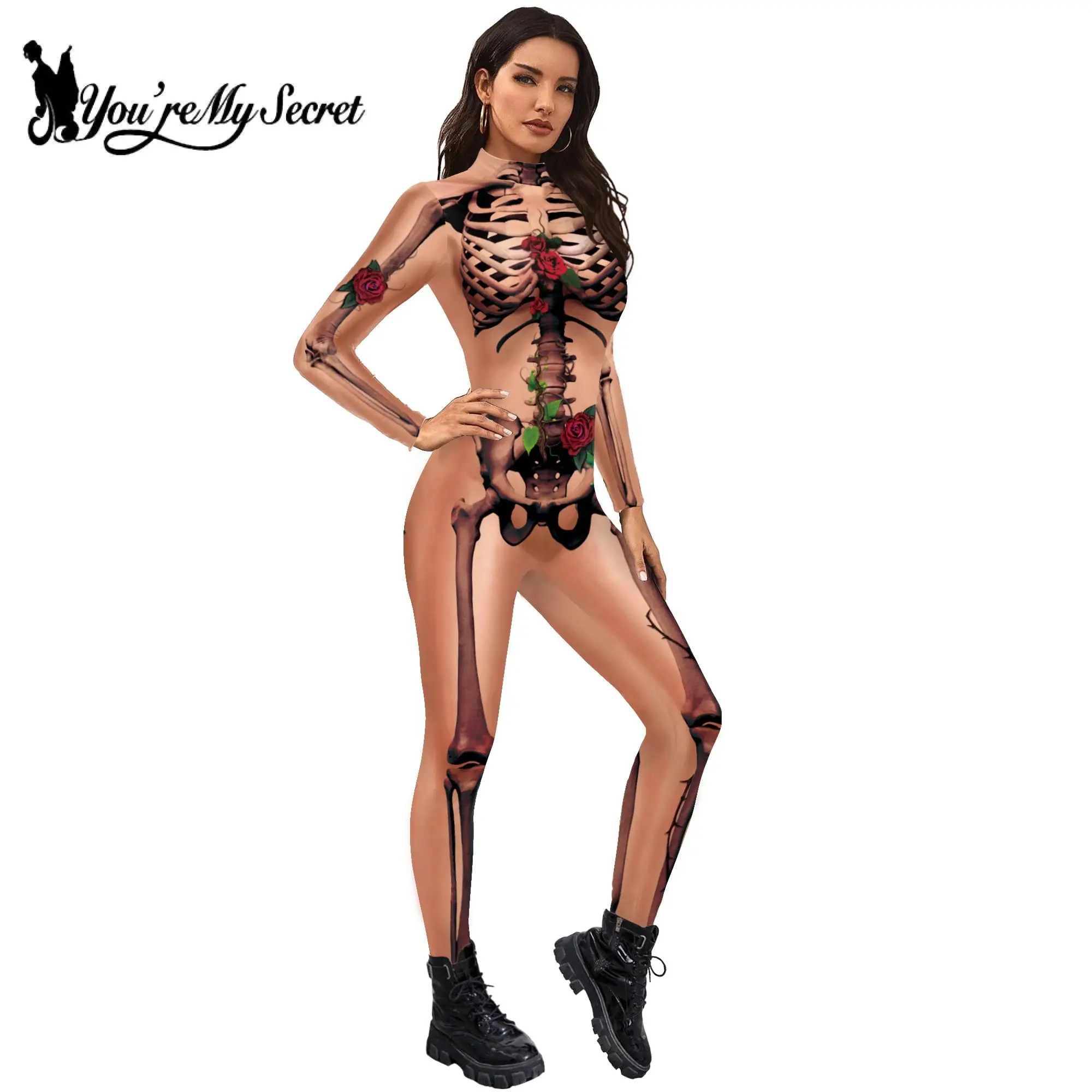 

[You're My Secret] Skeleton Rose Sexy Catsuit Devil Ghost Jumpsuit Party Carnival Performance Scary Halloween Costumes For Women