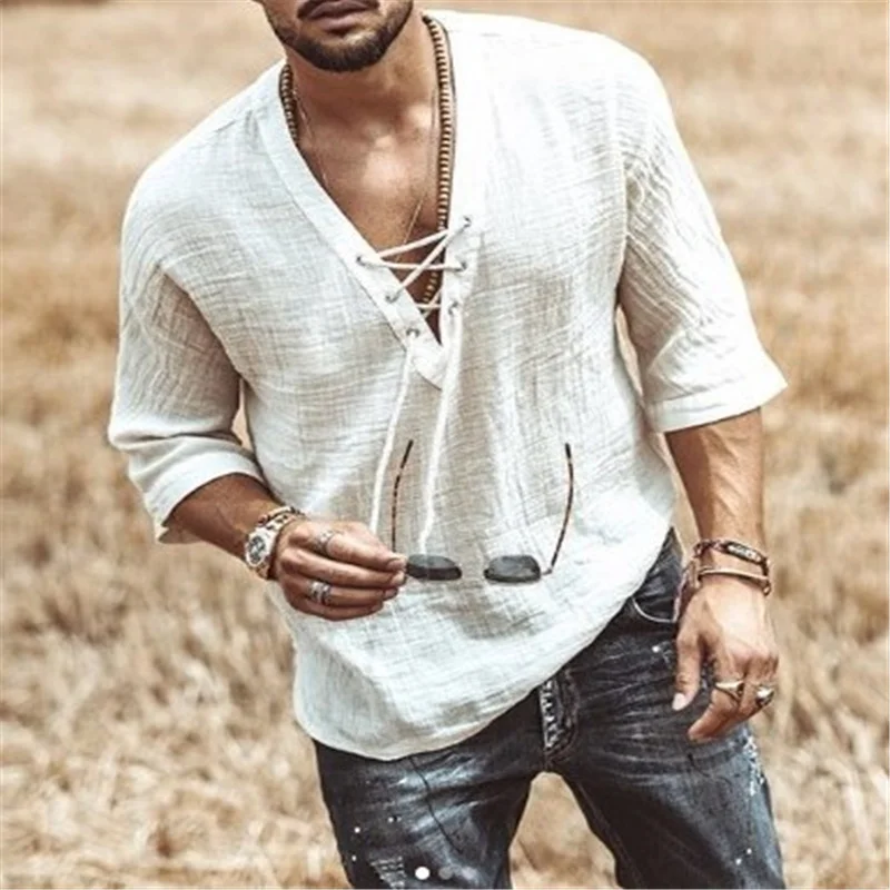 

Men's Fashion Hippie Linen Shirt Casual Simple Middle Sleeve V Neck Summer Beach Loose Tee Tops Solid Color T shirts 2021 New