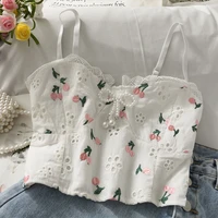 hollow embroidered beaded bow crop tops sexy spaghetti strap tanke top 2021 summer lace off shoulder sleeveless camis for women