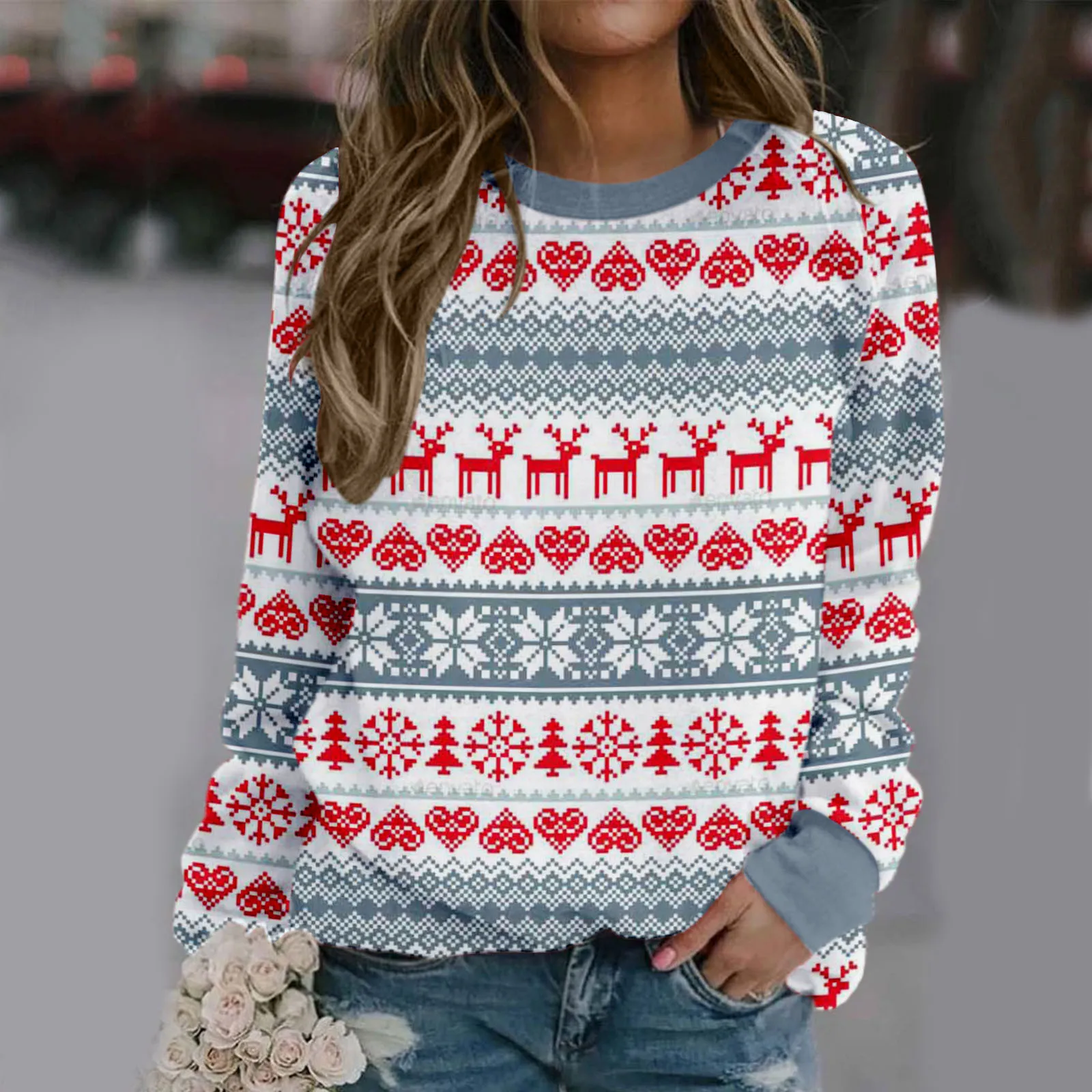 

Women Casual Christmas Elk SnowFlake Printing Plaid Raglan Long Sleeve Shirts Blouse Tops Christmas Sweater Female Clothes 2021