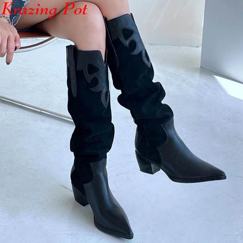 

Krazing Pot full grain leather winter pleated leather med heel riding boots art stitching design ins top quality chic knee boots