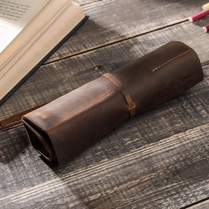 

Retro Pencil Case Handmade Genuine Leather Roll Up Pen Curtain Bag Pouch Wrap 1XCB