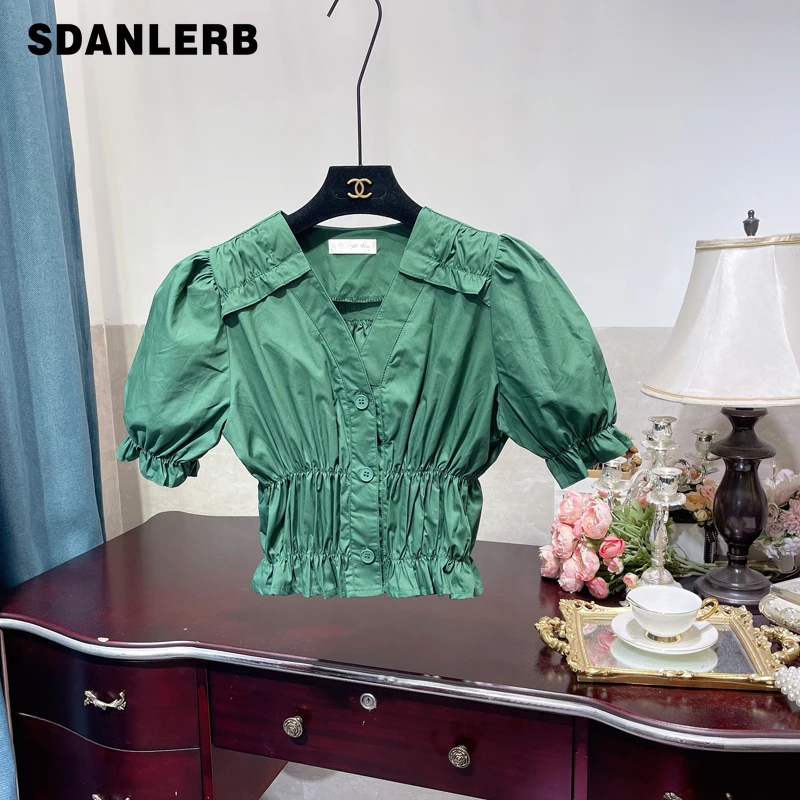 

Женская плиссированная рубашка с коротким рукавом, лето 2021, v-образный вырез, пышные рукава, высокая талия, приталенная блузка, повседневные ...