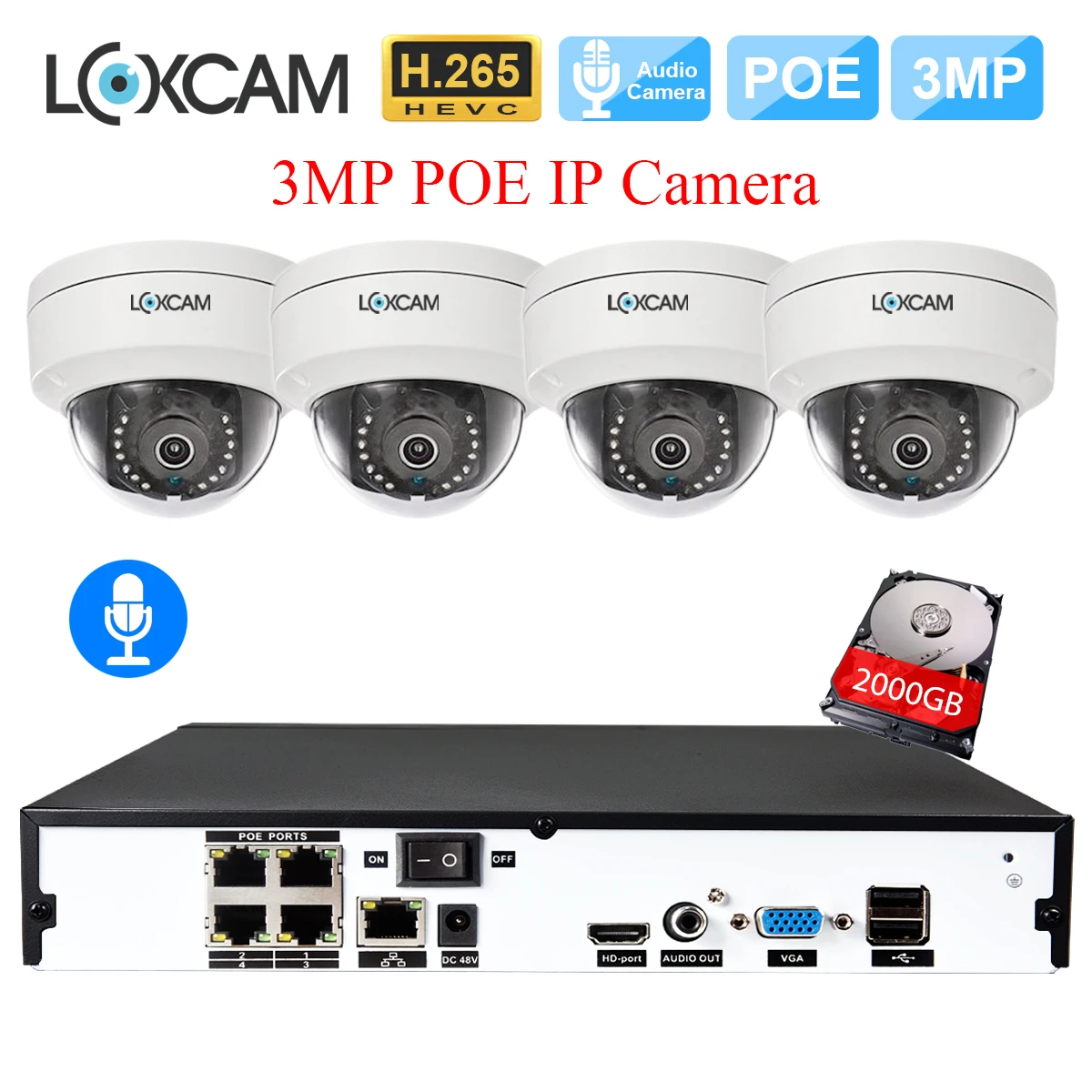 LOXCAM h.265 + cctv система NVR 3MP с аудиовходом POE запись в/уличная Антивандальная ip камера