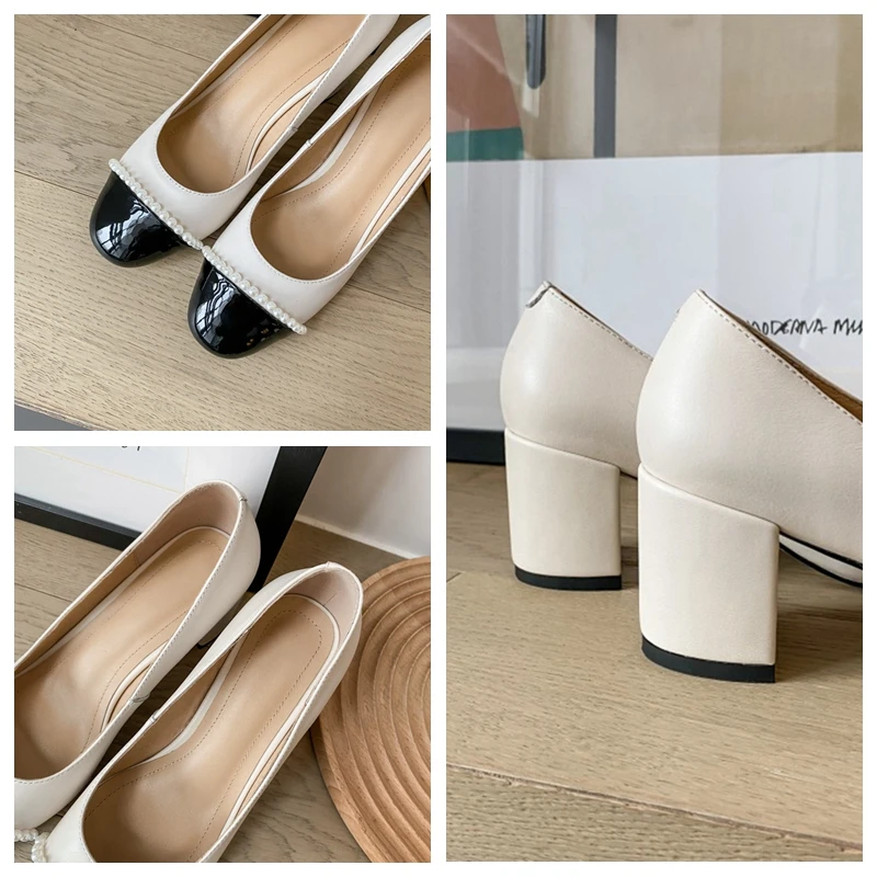 

ORCHA LISA New 2021 Women Pumps Round Toe Block Heesl Genuine Leather Patchwork Pearl Vintage Soft Slip-On Big Size 42 C2308