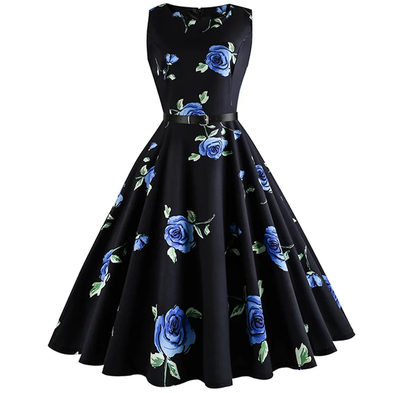 Женское винтажное платье миди с цветочным принтом синее в стиле 50 х годов сарафан