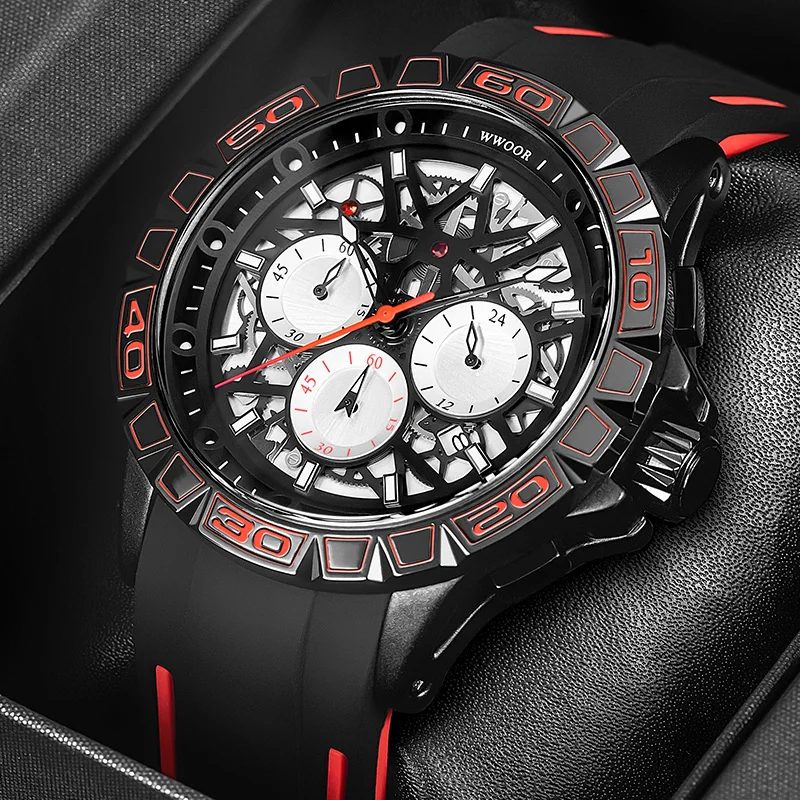 

2021 New WWOOR Top Brand Luxury Mens Watches Sports Luminous Quartz Watch Men Red Black Silicone Design Chronograph Reloj Hombre