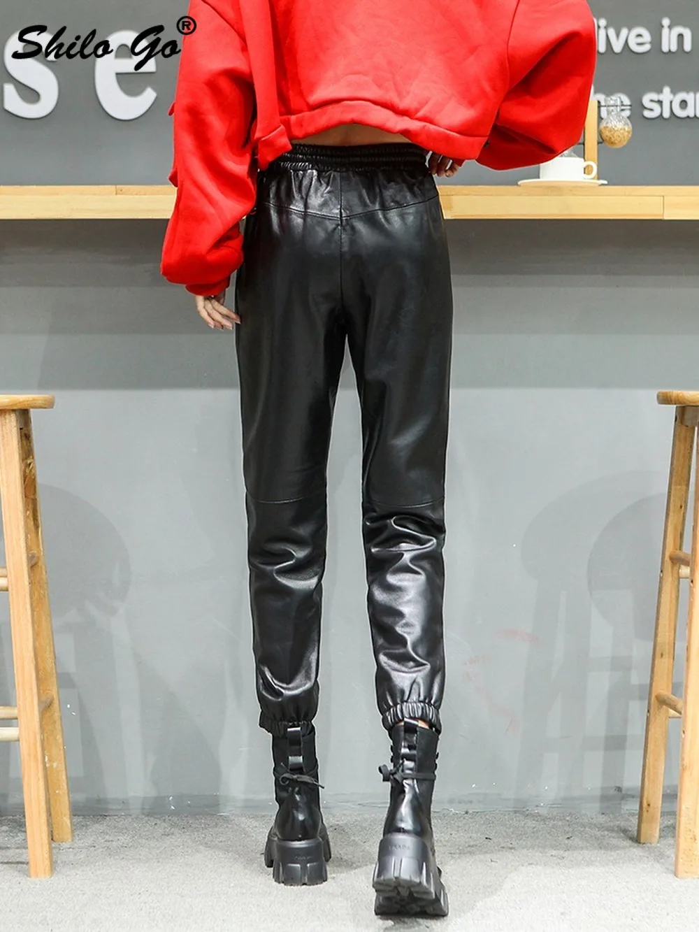 

Casual Elastic Waist Pants Womens Winter Streetwear Concise Genuine Leather Harem Pants Fashion Black Sheepskin Trousers Female