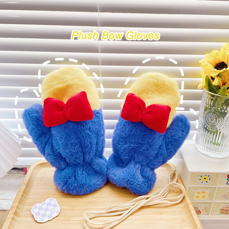 

Cute Plush Bow Gloves Student Full-finger Hanging Neck Gloves Winter Thicken Maintains Warmth Mittens