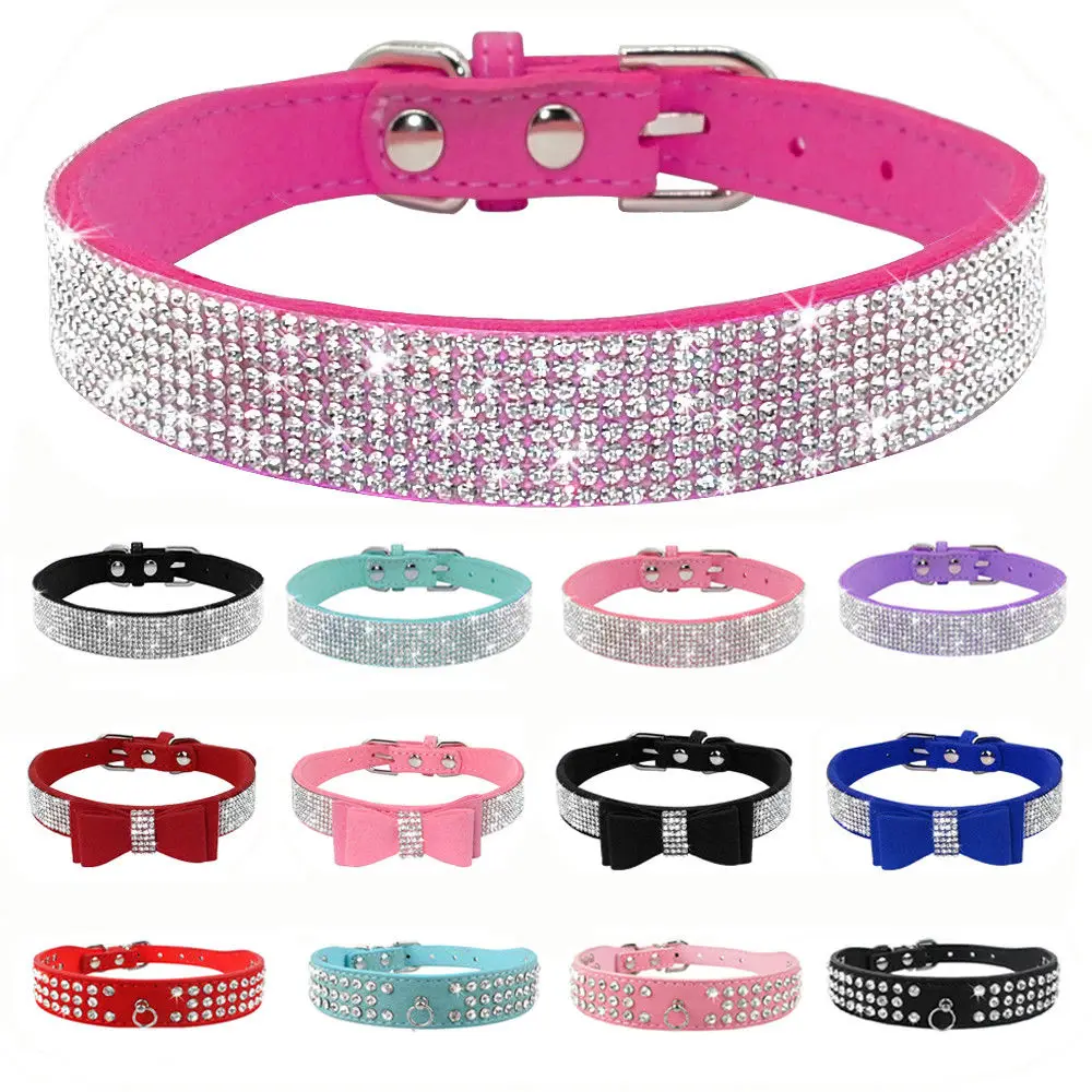 

Puppy Cat Bling Rhinestone Collars Adjustable Pug Yorkshire Leather Bowknot Kitten Collar for Chihuahua Small Medium Dogs Cats