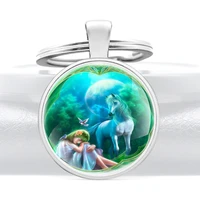 cute unicorn design theme glass cabochon metal pendant key chain fashion men women key ring jewelry gifts keychains