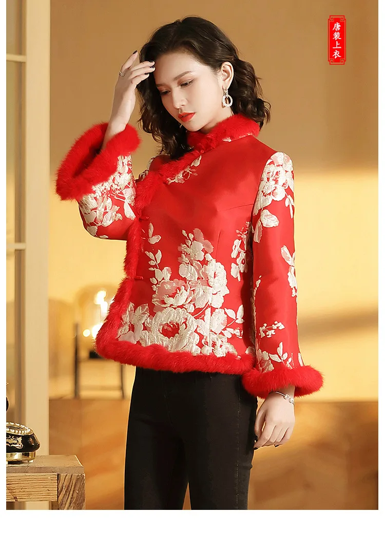 new year chinese-style dress Tang Costume collar cotton-padded jacket retro printing long-sleeved Short coat winter jackets