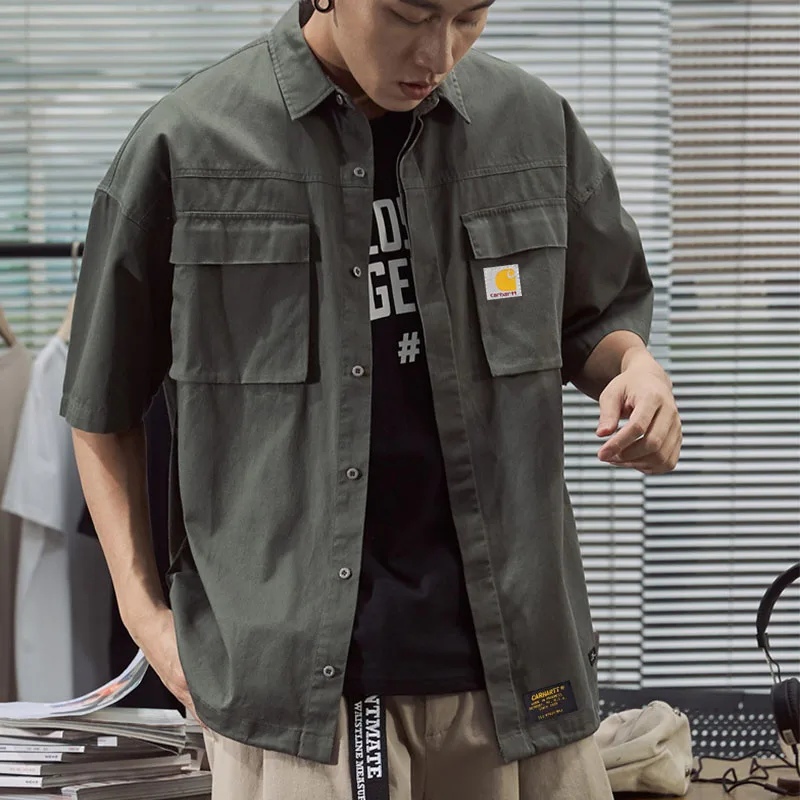 

Summer Men's Tooling Shirt 2021 New Loose Lapel T-Shirt, Pure Cotton Casual Short-Sleeved Pocket Logo Shirt