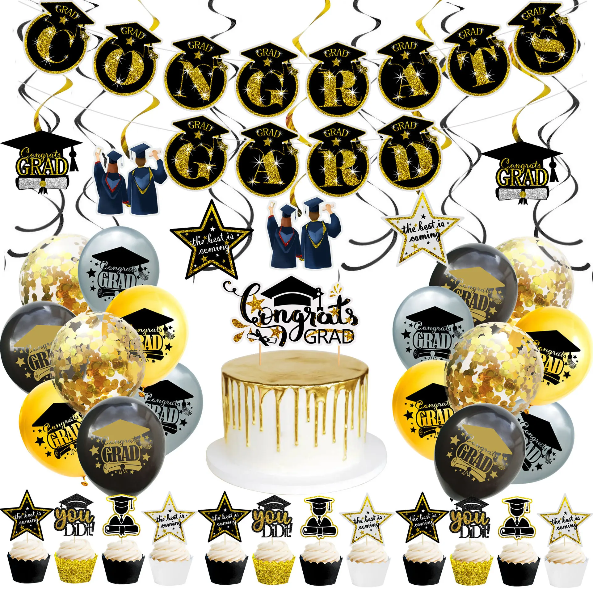 Black Gold Graduation Season Theme Party Flag Spiral Decoration Classroom Photo Wall Graduation Season Party Balloon Decoration