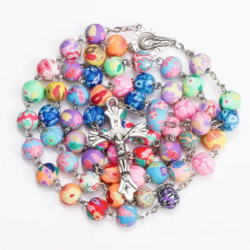 

New Fashion Colorful Religious Christian Jesus Prayer Gifts Crucifix Maria Center Round Rosary Bead Cross Chain Pendant Necklace