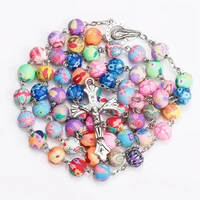 new fashion colorful religious christian jesus prayer gifts crucifix maria center round rosary bead cross chain pendant necklace