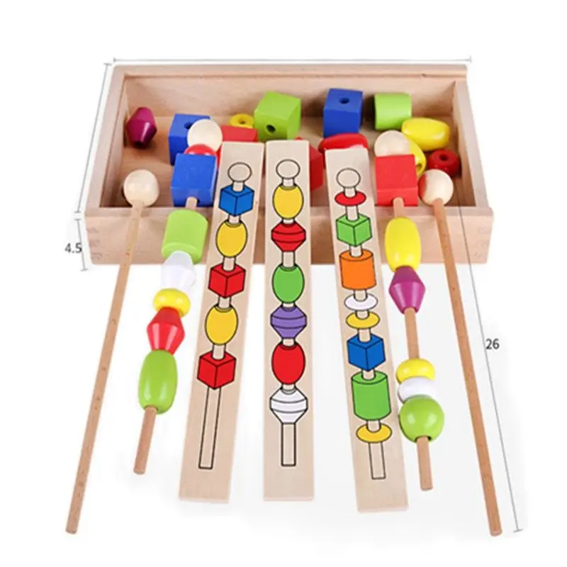 Montessori Early Learning Puzzle Beaded Box Children's Enlightenment Fine Action Training Wooden Stick Rope Wearing Toys | Игрушки и