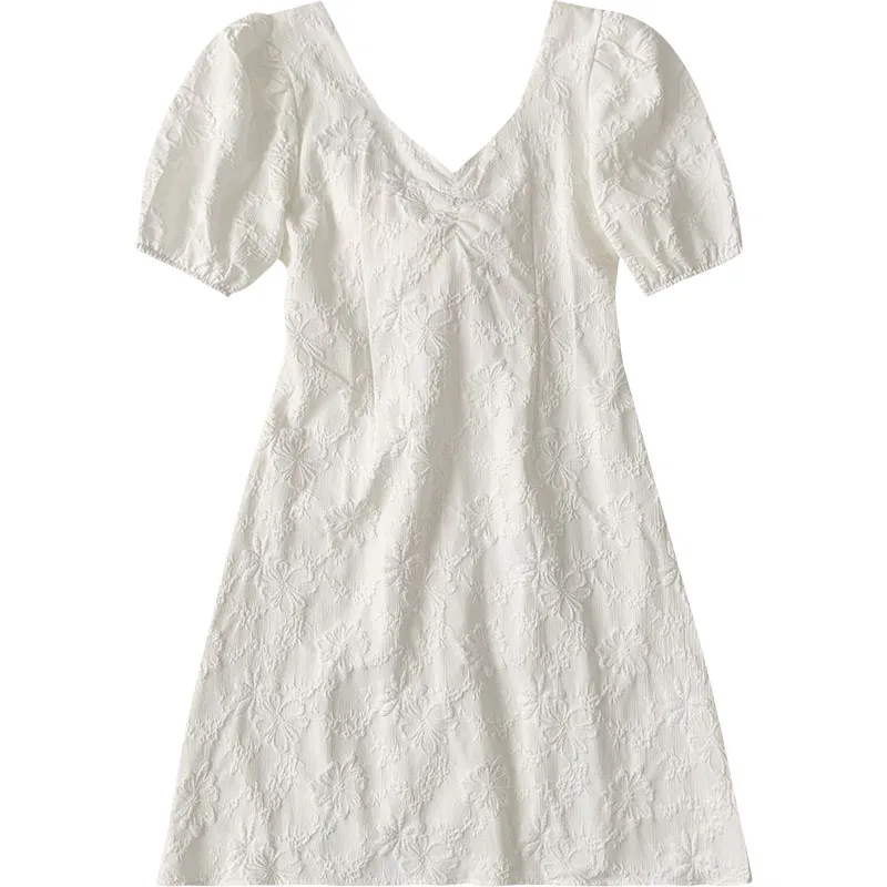 

Puffer Sleeve Elegant Party Dresses Women Korean Fashion Casual Mini Dress Female 2021 Summer Bow Design Sweet Dress Pure Color