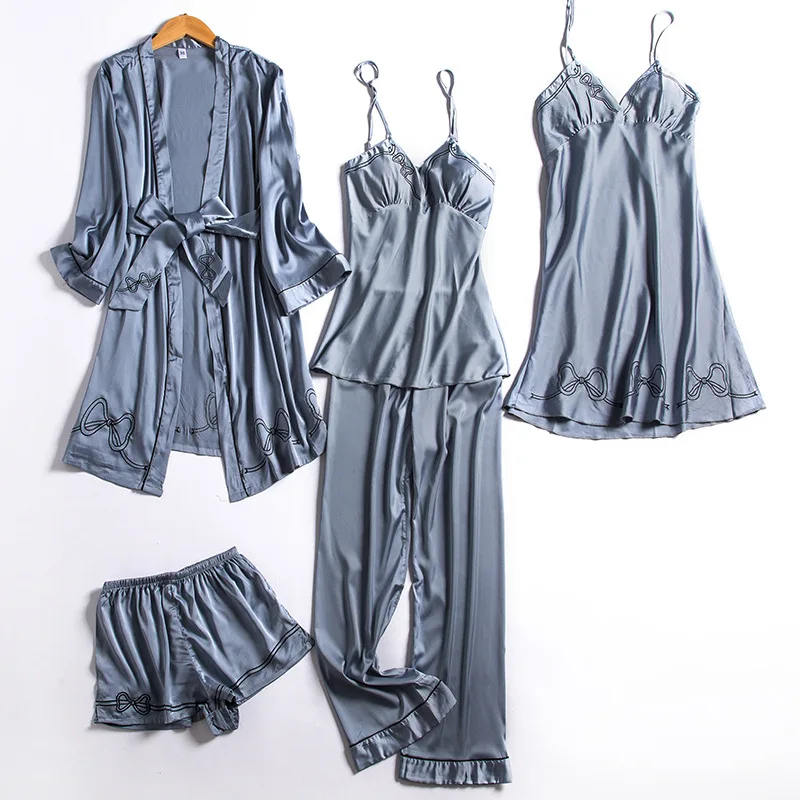 

New 5 Pieces Women Pajamas Sets Faux Silk Pajamas Sleepwear Sets Elegant Sexy Fashion Spring Autumn Homewear Robe Tops