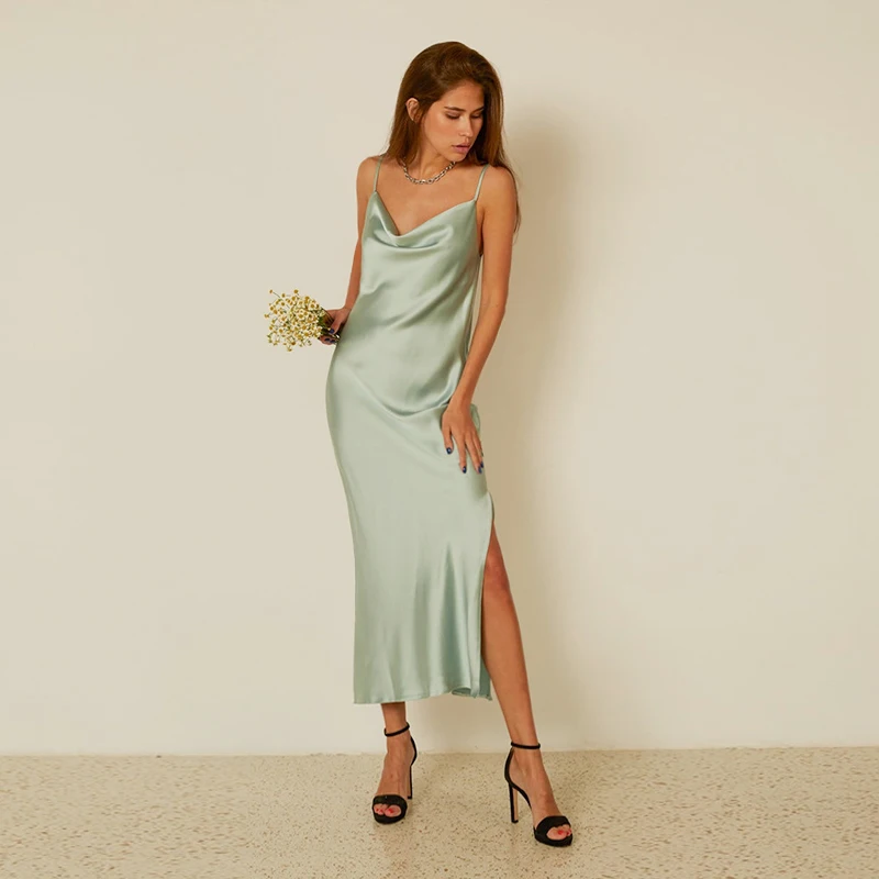 

Sleeveless Satin Long Dress Women Mint Green V-Neck Backless Slit Spaghetti Strips Dress Fashion Elegent Summer Dress For Women