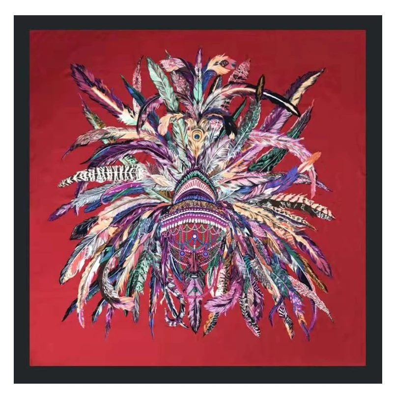 

100% Twill Silk Scarf 130x130cm Women Luxury Square Scarves & Wraps Female Neckerchief Large Bandana Indian Feather Silk Foulard