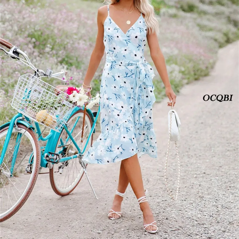 

Casual Elegant Ruffles Women Dress Summer 2021 Sexy V-neck Sashes Spaghetti Straps Slim Dress