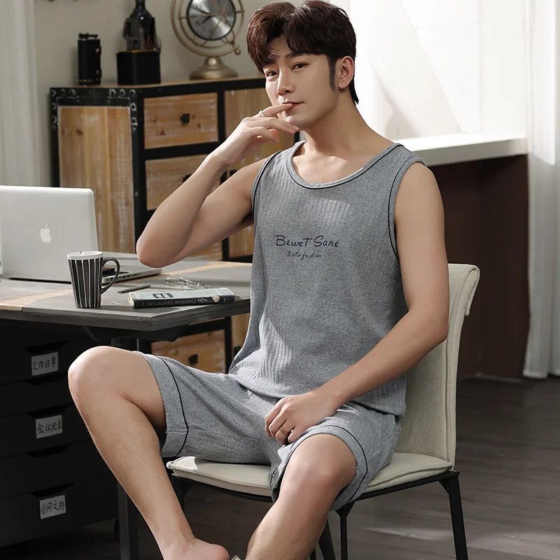 Summer Light Gray Casual Tracksuit Plus Size L-4XL Pajamas Men Letter Print Sleep Vest Shorts Set Mens Sleeveless Pijamas Hombre | Мужская