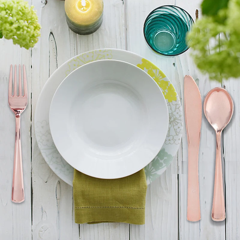 12PCS Rose Gold Plastic Disposable Tableware Dessert Knives Forks Spoon Wedding Birthday Party Decoration Supplies Cutlery Set - купить по