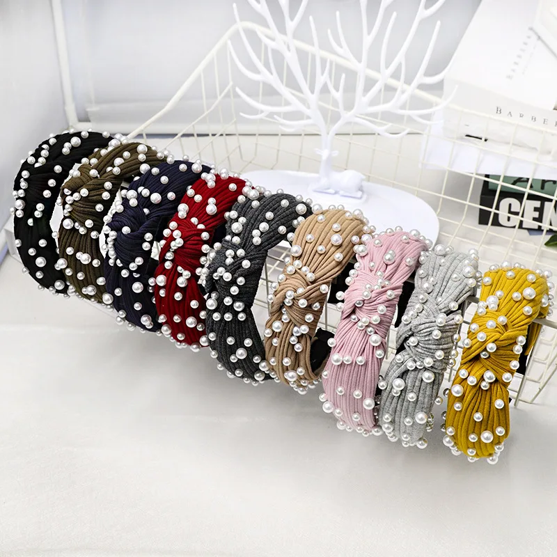 2019 винтажная Жемчужная Повязка для волос женщин вязаная повязка на голову с