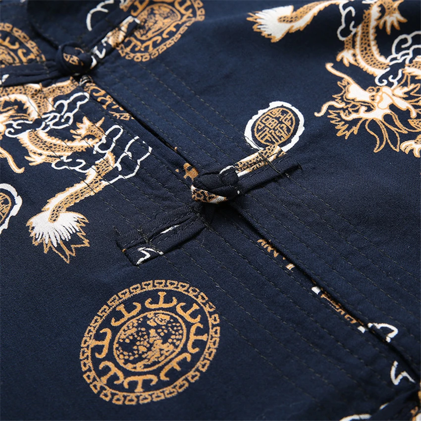 

Man Traditional Chinese Top Dragon Printed Short Sleeve Shirts Fashion Kung Fu Tai Chi Uniforms Male Cotton Buckle Tang Suit