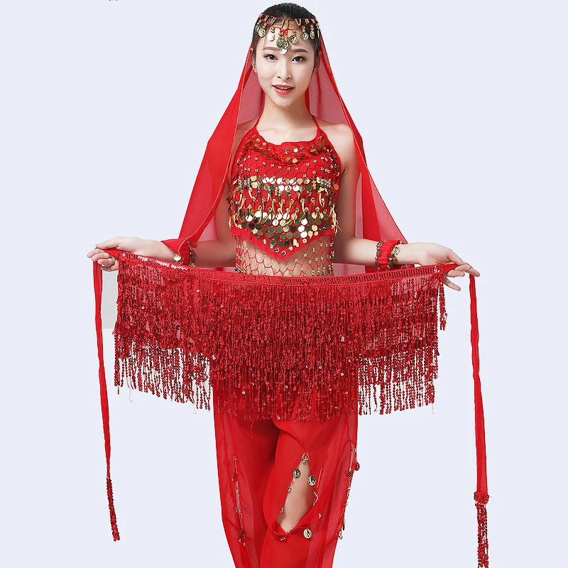 

Sexy Women Belly Dance Hip Tutu Skirt Scraf Wrap Belt Glitter Sequin Tassel Hip Scraf Stage Dancing Performance Costume