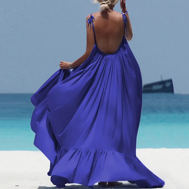

LIYONG Summer Sexy Maxi Dress Loose Backless Women Dresses Solid Beach Dress