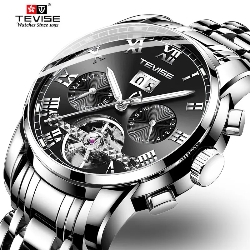 TEVISE мужские часы с автоподзаводом класса люкс из нержавеющей стали Tourbillon фазы Луны механические наручные часы мужской подарки Relogio Masculino