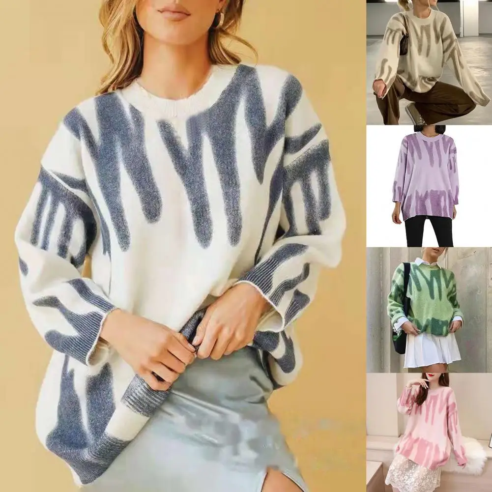 

Stylish Sweater Print All-matched Oversized Loose Fit Plush Sweater Knitted Sweater for Daily Life