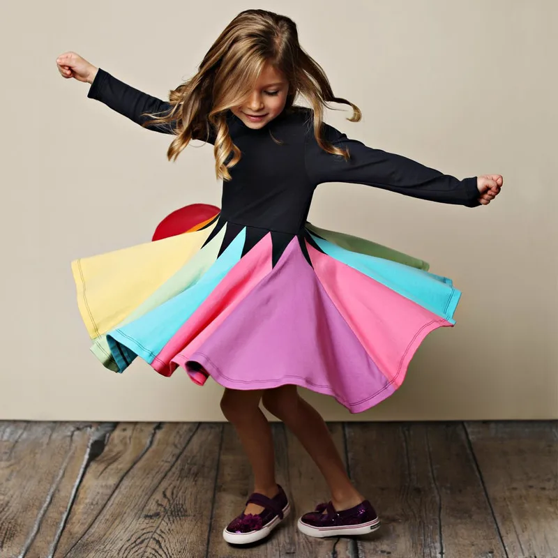 

2019 children's dress autumn baby kids long sleeve rainbow dresses girls European and American splice princess dress clothes