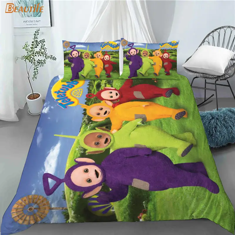 Gran oferta de los Teletubbies animaci&oacute;n 1 edred&oacute;n 2 fundas de almohada de tela de poli&eacute;ster ropa de cama conjunto chico familia chico Set Duvet Cover Set-4