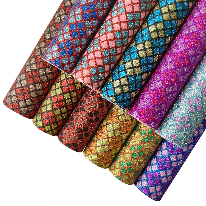 

Plaid Print Multicolored Gold Powder Fine Glitter Leather Faux Leather Fabric Canvas Backing for Garment Performance Dress