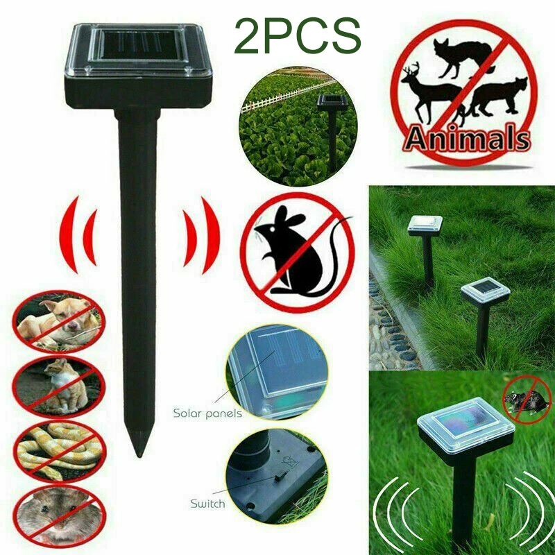 

2pcs Ultrasonic Rat Cat Dog Animal Deterrent Repeller With Light Solar Powered For Outdoor Garden Pest Control