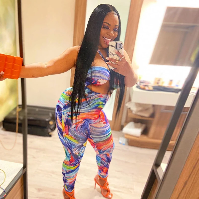 

CIBBAR Paisley Print Bodycon Two Piece Set Women Sexy Halter Top+ High Waist Pants Outfits Vintage Fashion Hollow Out Clubwear