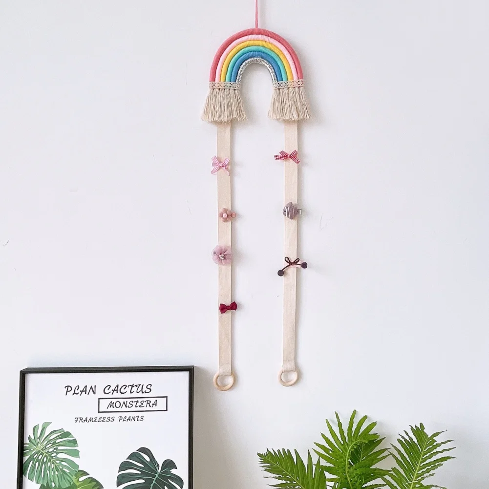 

Bobby Pin Hairpin Storage Holder Hand Woven Cotton Rope Rainbow Drop Ornament Wall Hanging Decoration Kids Room Home Decor