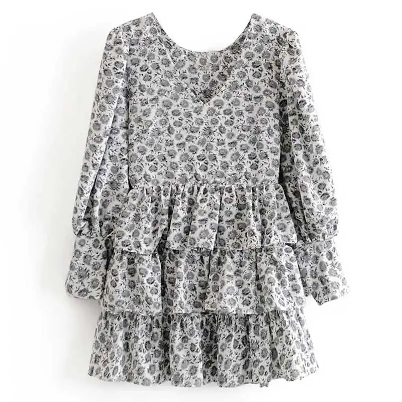 

SALEQI gray floral party dress deep v-neck long puff sleeve dress women ruffle tiers boho dress chic mini dress female 2021 new