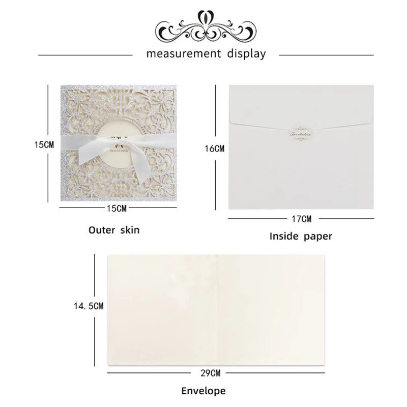 

50pcs Hollow Square Glitter Paper Laser Cut Wedding Invitation Card Print Greeting Cards With Ribbon Wedding Decoration Supplies