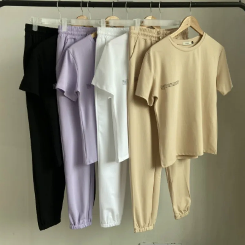 

2021 New In Spring and Summer Fashion Brand Versatile Casual Short Sleeve T-Shirt+ Legged Casual Pants Easy Trendy Suit Pang